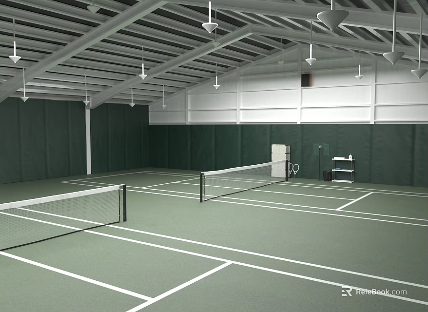 Indoor Tennis Court With Green Surface White Lines And Ceiling Lights 3d model 