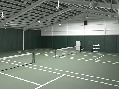Indoor Tennis Court With Green Surface White Lines And Ceiling Lights 3d model