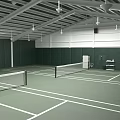 Indoor Tennis Court With Green Surface White Lines And Ceiling Lights