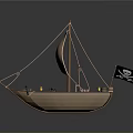Detailed Wooden Pirate Ship Model With White Sail Jolly Roger Flag And Cannons