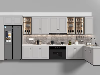 Modern Open Kitchen Interior Design With Island Counter Cabinets And Appliances 3d model