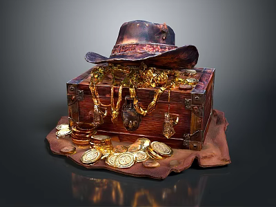 Antique Wooden Treasure Chest With Gold Coins Jewelry And Leather Hat 3d model