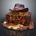 Antique Wooden Treasure Chest With Gold Coins Jewelry And Leather Hat