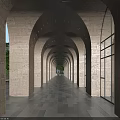 Elevator Hallway Design With Arched Stone Walls Natural Light And Walking People
