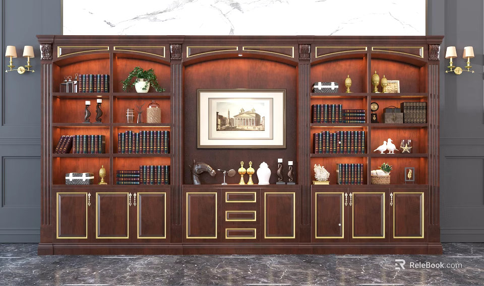 Traditional Wooden Bookcase With Gold Accents Books Decorative Items And Framed Painting 3d model 