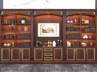 Traditional Wooden Bookcase With Gold Accents Books Decorative Items And Framed Painting 3d model