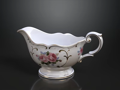 Elegant White Ceramic Gravy Boat With Rose Patterns And Gold Trim Design 3d model
