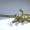 Realistic Fierce Multiple Headed Green Snake Creature With Open Mouths And Coiled Bodies