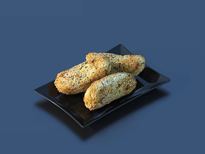 Golden Crunchy Sesame Bread Sticks on Black Square Plate Dark Blue Background 3d model