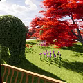 Chinese Pavilion Garden Landscape With Trimmed Hedges Tulip Flowers And Red Trees