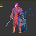Game And Movie Warrior Character In Silver Armor With Sword And Blue Decorative Shield