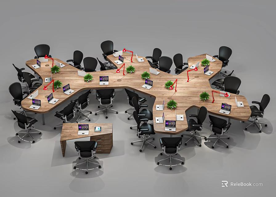 Large Multi Shaped Office Desk With Black Chairs Laptops Green Plants And Red Lamps 3d model 
