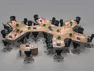 Large Multi Shaped Office Desk With Black Chairs Laptops Green Plants And Red Lamps 3d model