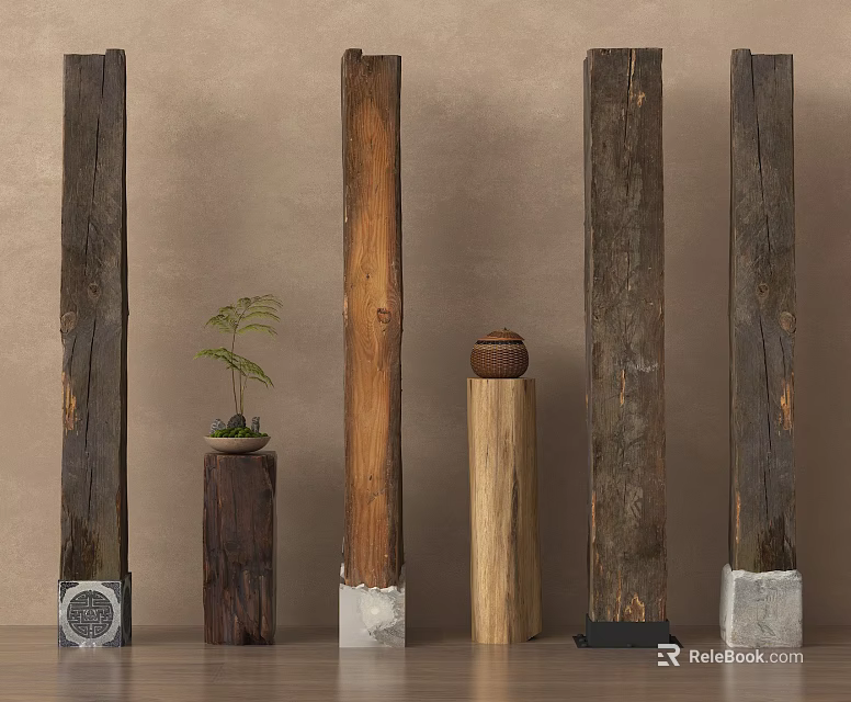 Rustic Wooden Columns With Natural Texture And Decorative Plant 3d model 