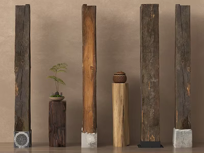 Rustic Wooden Columns With Natural Texture And Decorative Plant 3d model