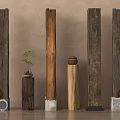 Rustic Wooden Columns With Natural Texture And Decorative Plant