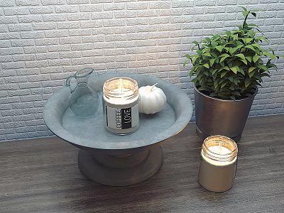 Stylish Side Table Featuring Tray Candle Pumpkin Decor Green Plant Metal Planter White Brick Backdrop 3d model