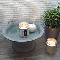 Stylish Side Table Featuring Tray Candle Pumpkin Decor Green Plant Metal Planter White Brick Backdrop