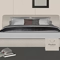 Modern Double Bed With Minimalist Headboard Striped Bedding And Bedroom Rug