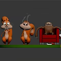 Animated Squirrels And Sloth Characters On Colorful Platform With Red Sofa 3d model