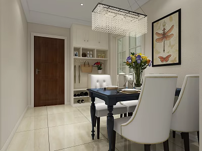 Elegant Restaurant Dining Area With Black Table White Chairs Crystal Chandelier And Decorative Painting 3d model