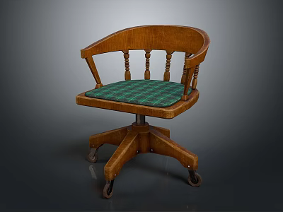 Classic Wooden Office Chair With Curved Armrests Green Plaid Cushion And Wheeled Base 3d model