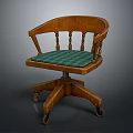 Classic Wooden Office Chair With Curved Armrests Green Plaid Cushion And Wheeled Base