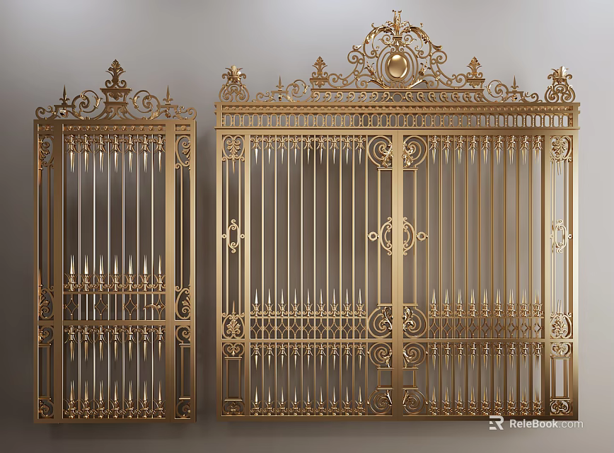 Elegant Golden Ornate Gates With Symmetrical Carved Details And Decorative Spikes 3d model 