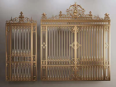 Elegant Golden Ornate Gates With Symmetrical Carved Details And Decorative Spikes 3d model