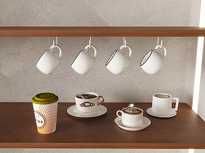Various Coffee Drinks In Hanging Mugs And Takeaway Cup On Wooden Shelf Countertop 3d model