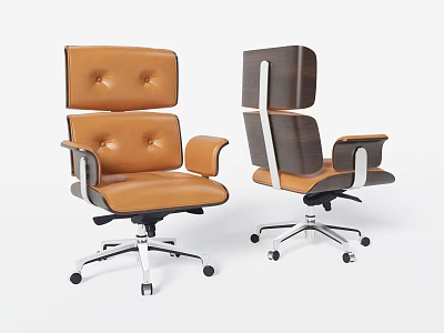 Modern Office Chair With Leather Upholstery Wooden Back And Swivel Rolling Casters 3d model