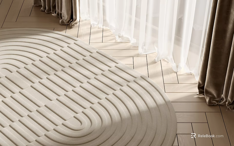 Light Colored Wavy Pattern Rug On Wooden Floor With White And Brown Curtains 3d model 
