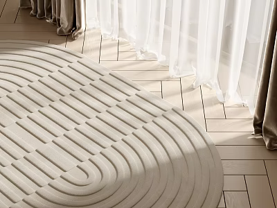 Light Colored Wavy Pattern Rug On Wooden Floor With White And Brown Curtains 3d model