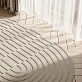 Light Colored Wavy Pattern Rug On Wooden Floor With White And Brown Curtains