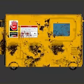 Industrial Yellow Worn Generator With Blue Screen And Warning Labels On Surface