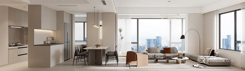 Modern Dining And Living Room Interior With Large Windows City View Sofa And Dining Table 3d model 