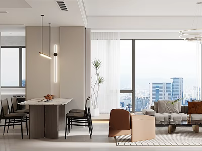 Modern Dining And Living Room Interior With Large Windows City View Sofa And Dining Table 3d model