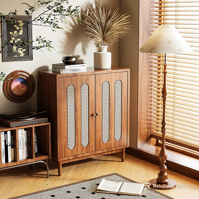 Wooden Shoe Cabinet With Lattice Doors In Modern Living Room Setting 3d model 