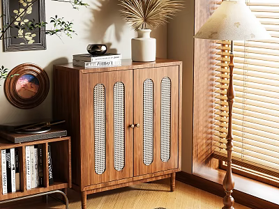 Wooden Shoe Cabinet With Lattice Doors In Modern Living Room Setting 3d model