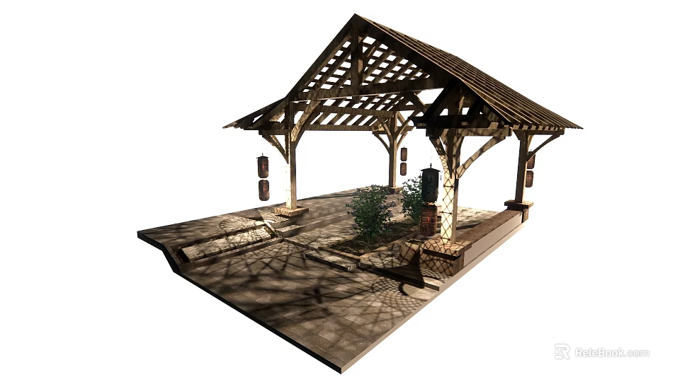 Wooden Pergola With Sloped Roof Stone Slab Floor And Green Plant 3d model 