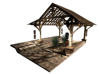 Wooden Pergola With Sloped Roof Stone Slab Floor And Green Plant 3d model