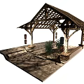 Wooden Pergola With Sloped Roof Stone Slab Floor And Green Plant