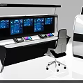 Modern Control Desk Setup With Multiple Blue Monitors And Ergonomic Chair Design 3d model