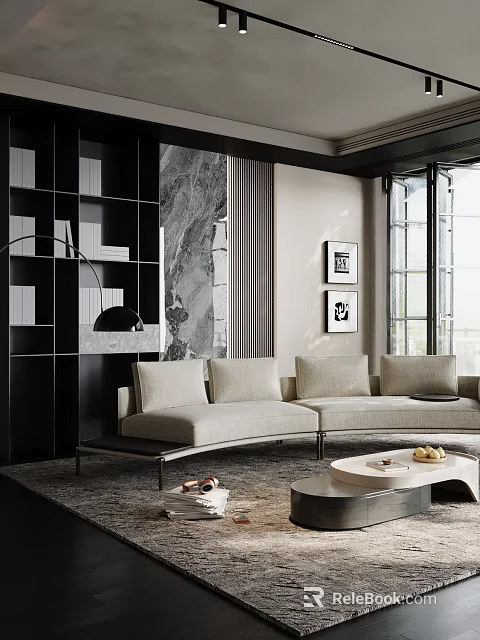 Modern Living Room Interior Design With Beige Sofa Black Bookshelf Marble Wall And Decorative Paintings 3d model 