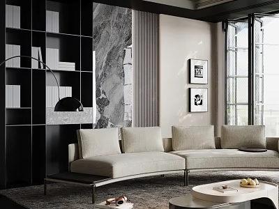 Modern Living Room Interior Design With Beige Sofa Black Bookshelf Marble Wall And Decorative Paintings 3d model