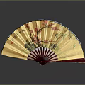 Traditional Chinese Fan with Yellow Surface Red Ribs Plum Blossom Bamboo and Calligraphy