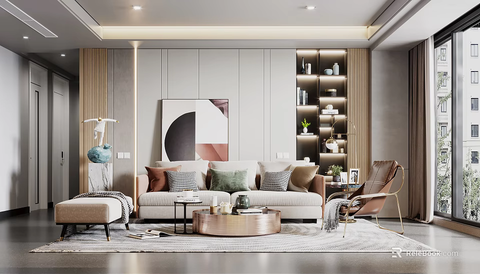 Modern Living Dining Room Interior With Neutral Sofa Abstract Artwork And Decorative Shelves 3d model 