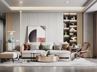 Modern Living Dining Room Interior With Neutral Sofa Abstract Artwork And Decorative Shelves 3d model