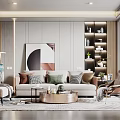 Modern Living Dining Room Interior With Neutral Sofa Abstract Artwork And Decorative Shelves