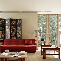 Elegant Living Room Interior With Red Sofa Black Decorative Screen and Floor to Ceiling Windows